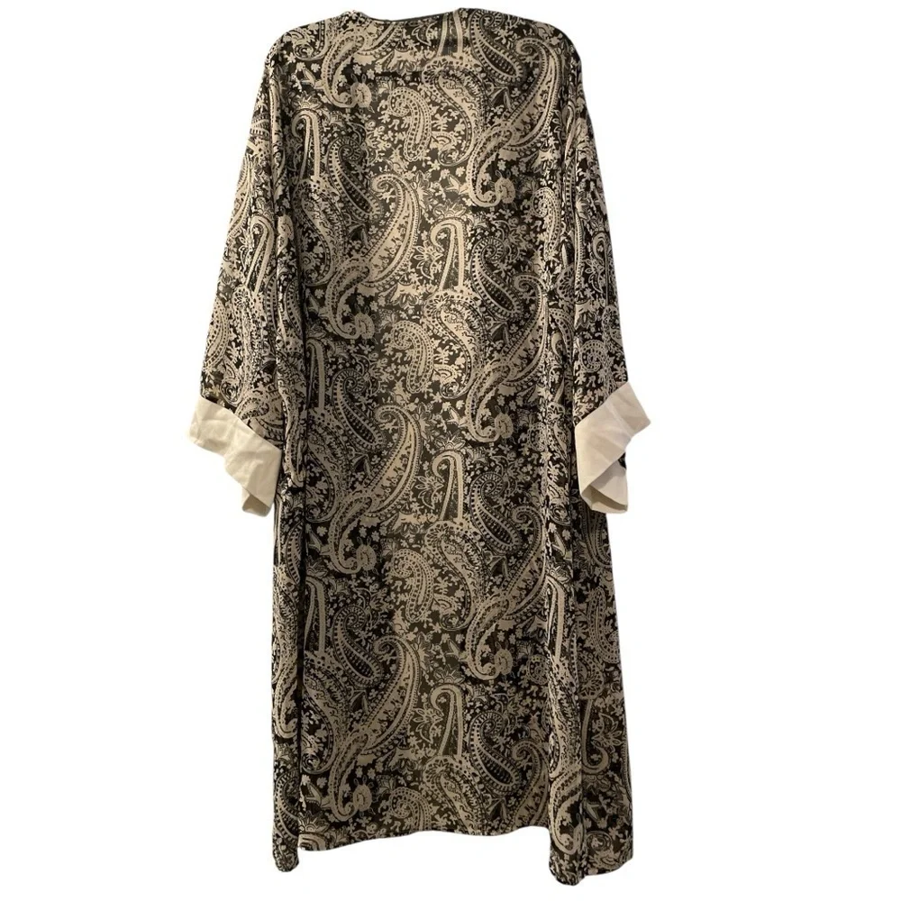AUDREY Black and gold Paisley Print Open Front Cuff Sleeve Chiffon Long Kimono.